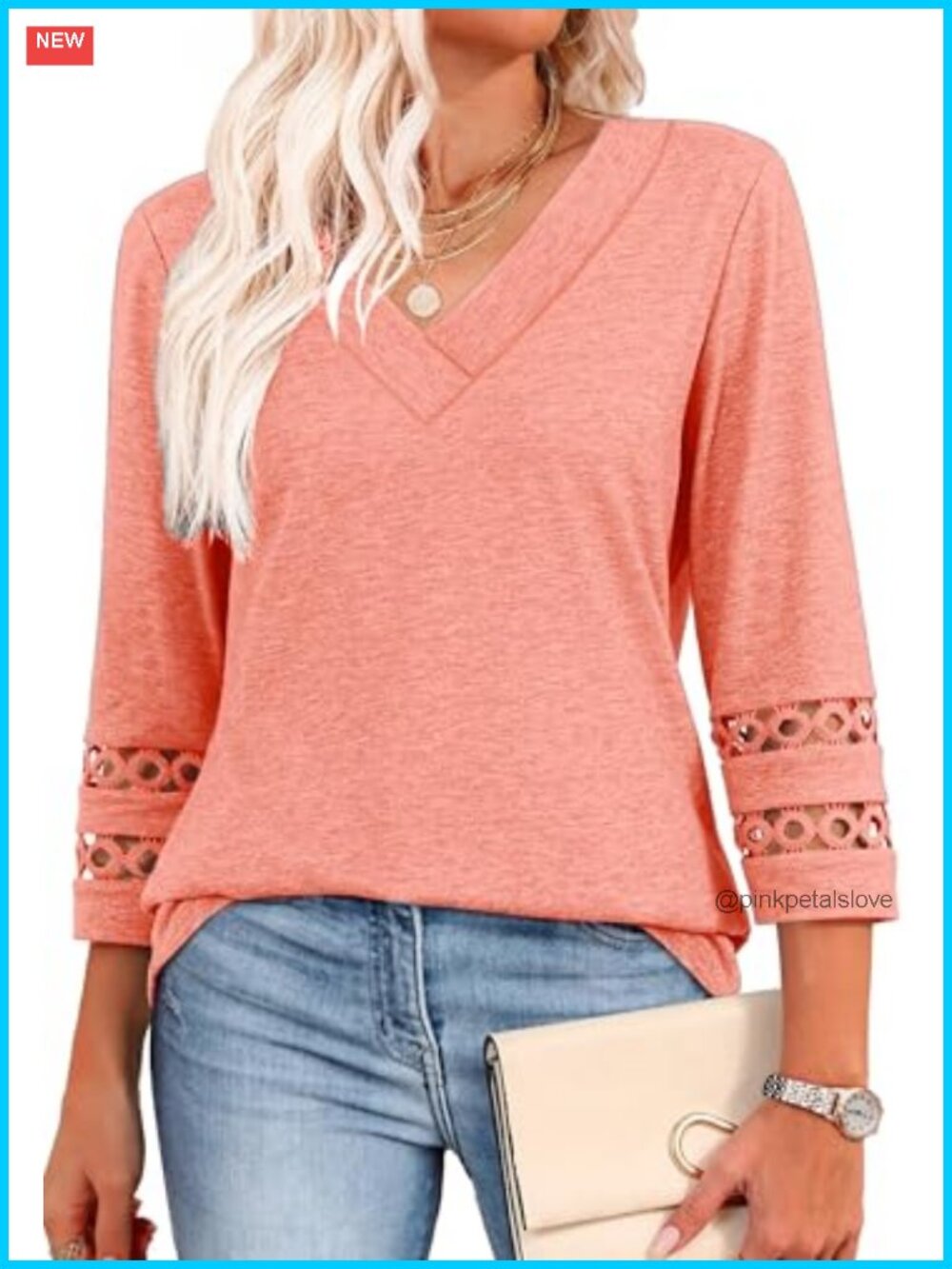 Womens 3/4 Sleeve V Neck Lace Detail T Shirt Blouse Top Dressy Casual